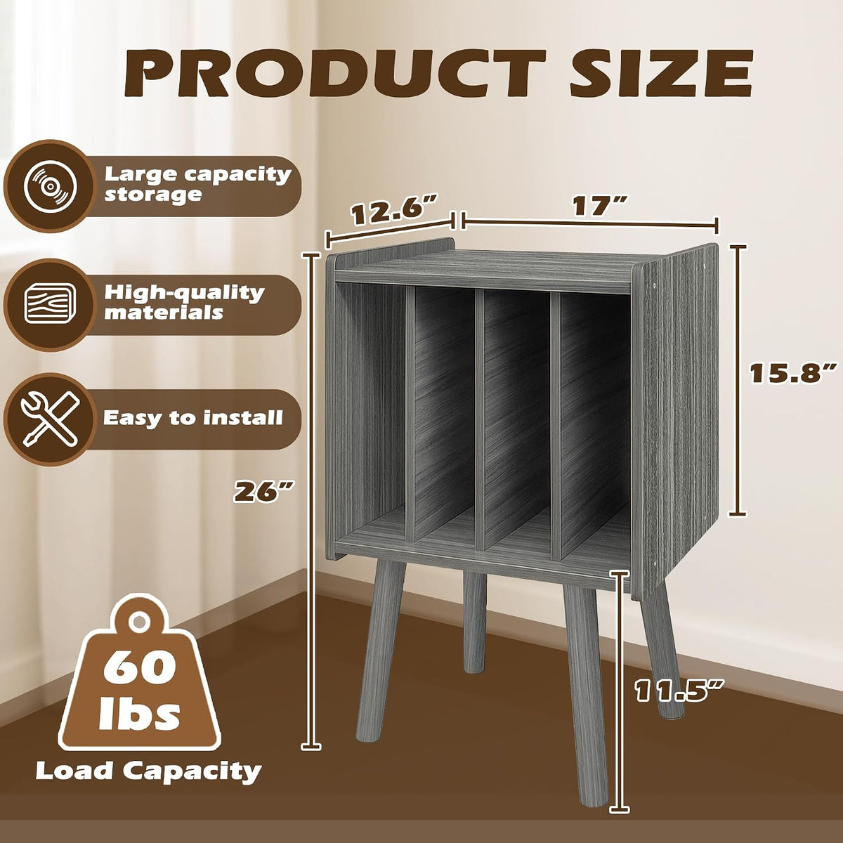 Record Player Stand, Vinyl Record Storage Table with 4 Cabinet, Mid Century Modern Turntable Stand, Organizer Vinyl Table for Bedroom Living Room, Eucalyptus