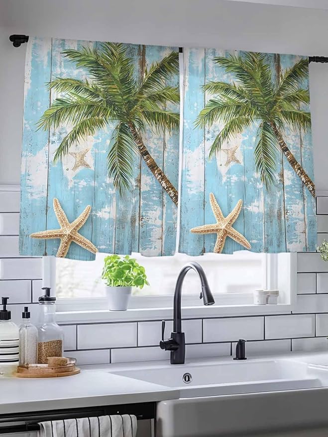 Sheer Curtains 54 Inch Length, Coastal Beach Blue Semi Sheer Curtains Light