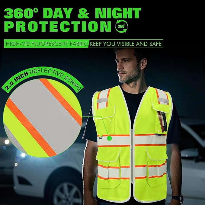 BeautyWill Custom Logo Safety Vest 8 Pockets Class2 ANSI Certified High Visibility Reflective Vest for Men - Personalized Logo Heavy-Duty Work Vest（Yellow，M）