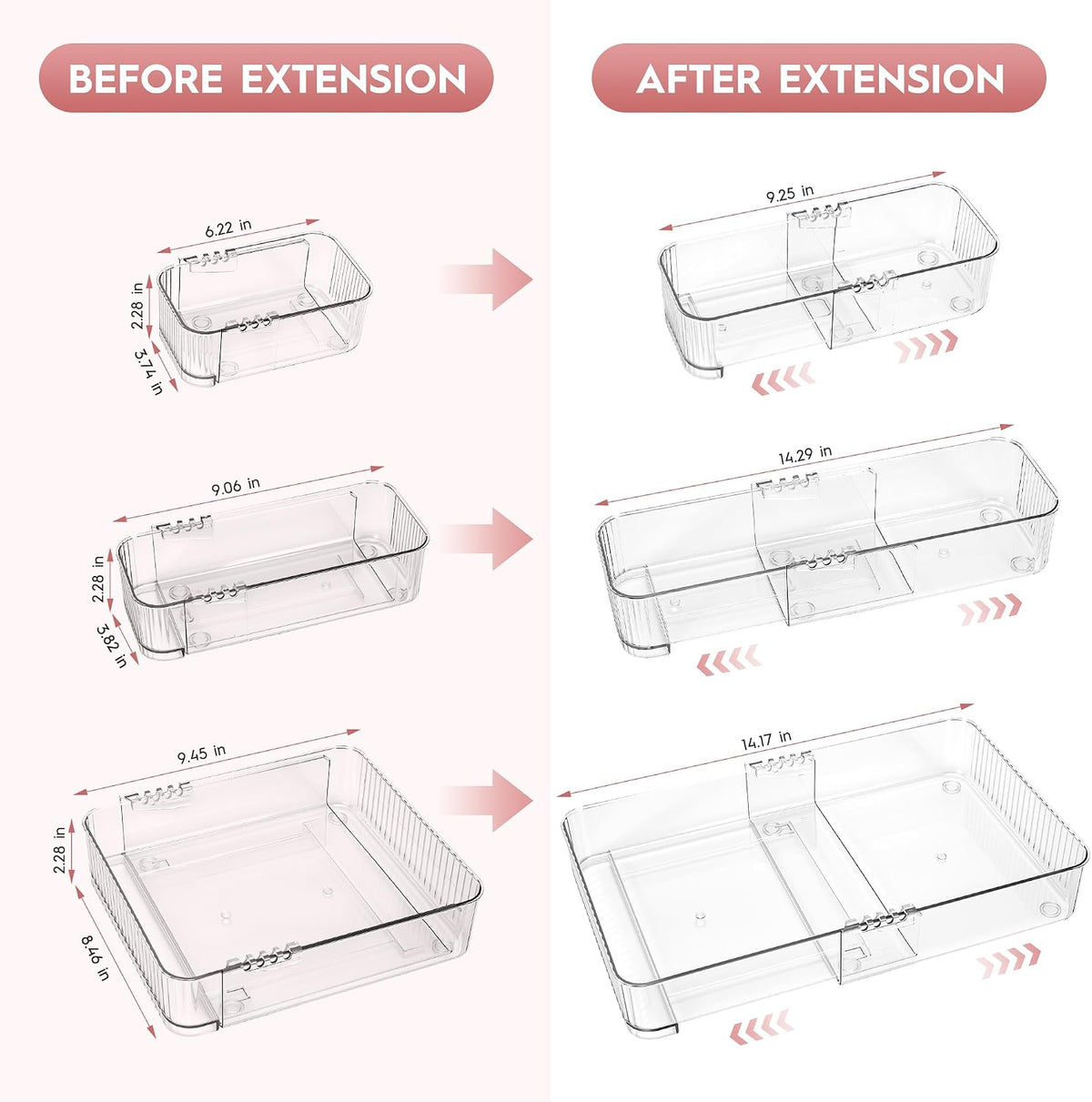 4-Piece Expandable Drawer Organizer Set, Clear Adjustable Drawer Organizer Trays, Multi-Size Storage Bins for Kitchen, Bathroom, Makeup, Desk and Office, Durable PET
