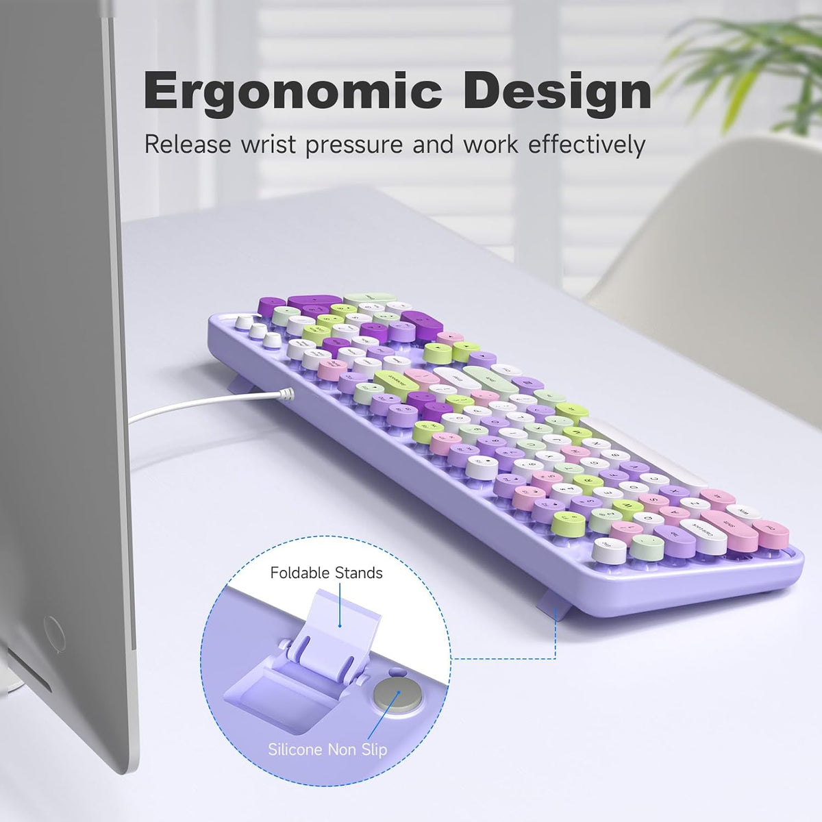 Atelus Computer Wired Keyboard, Plug Play USB Full-Size Keyboard with Large Number Pad, Caps Indicators, Foldable Stands, for Windows 7/8/10 PC Laptop (Purple Colorful)