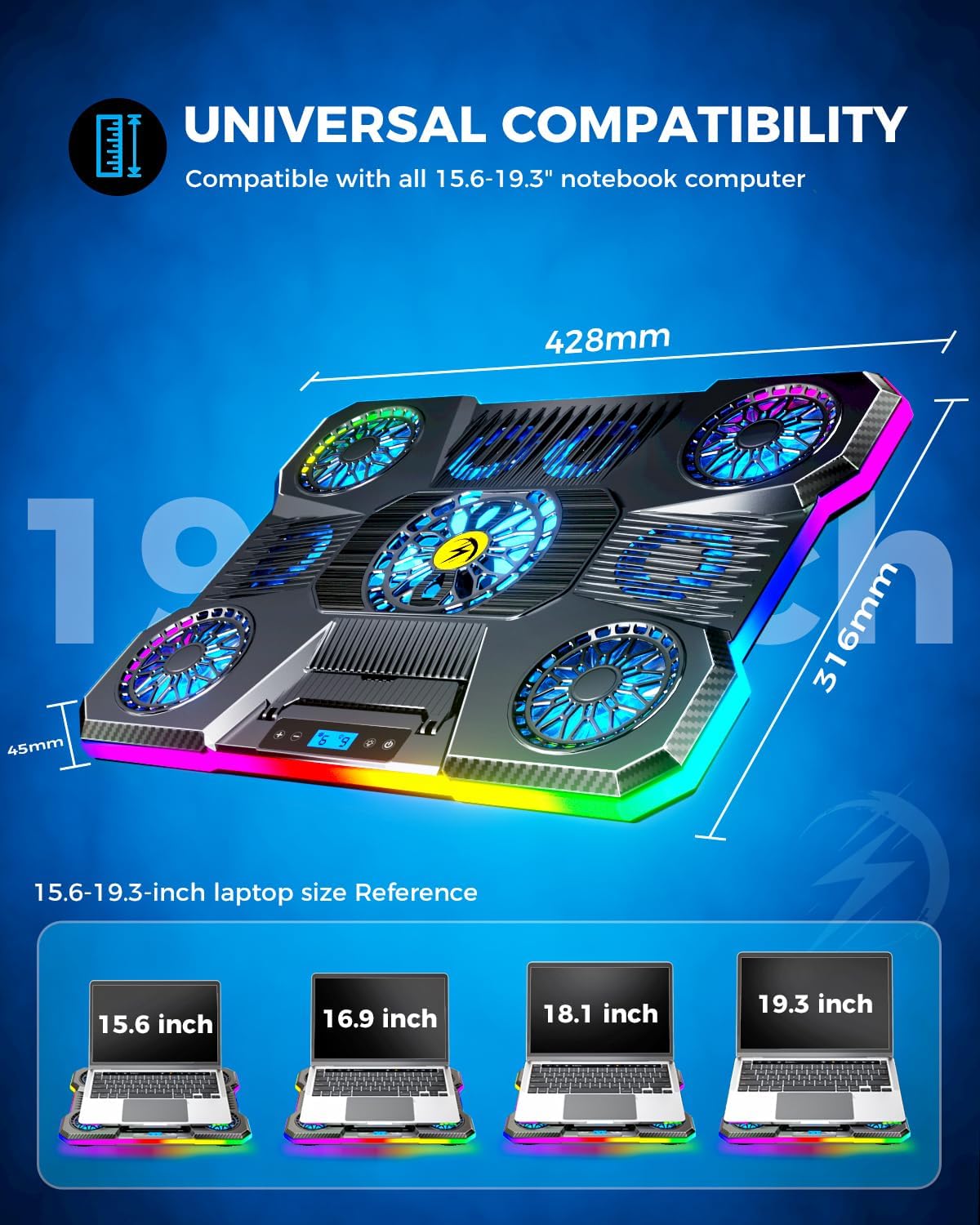ChillCore Laptop Cooling Pad, RGB Lights Laptop Cooler 9 Fans for 15.6-19.3 Inch Laptops, Gaming Laptop Fan Cooling Pad with 8 Height Stands, 2 USB Ports - A21 Blue