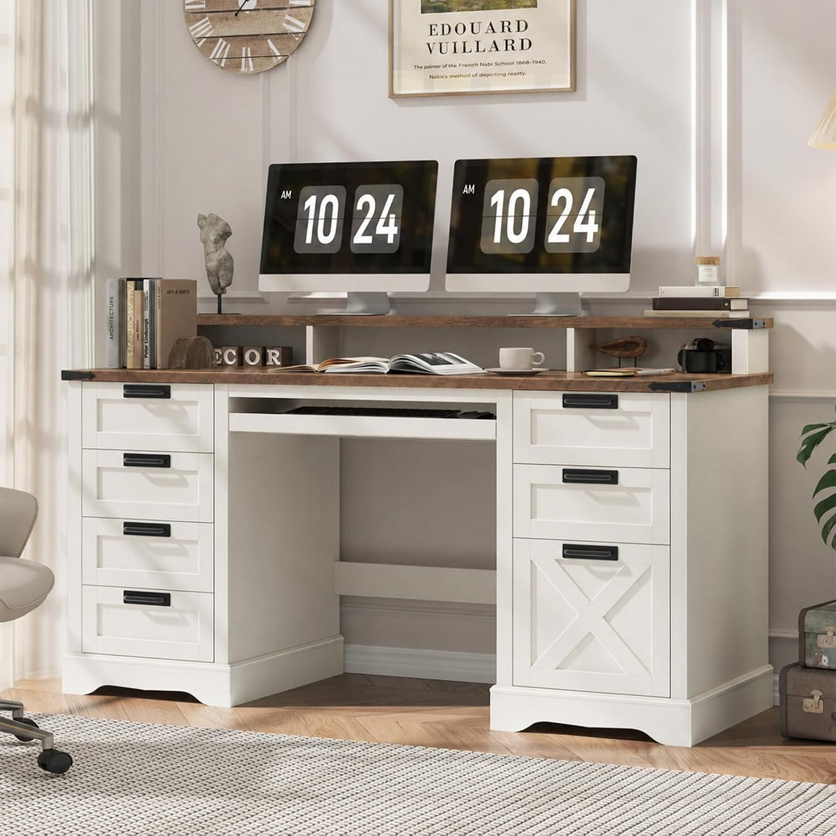 Halitaa 60" Farmhouse Executive Desk with 8 Drawers, Rustic White and Brown
