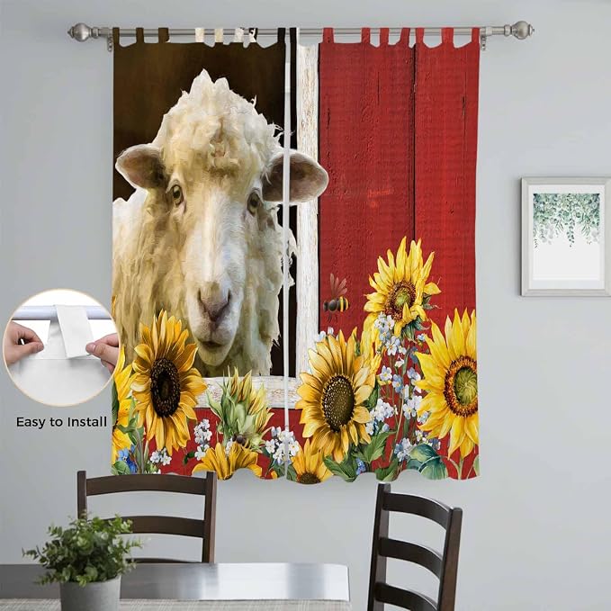 Sheep Flowers Living Room Curtains 84 Inch Length, Window Curtains Tab Top