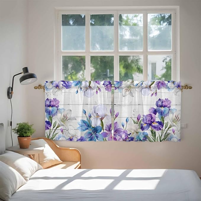 Spring Flowers Tier Curtains, Watercolor Garden Florals Wooden Grain Light