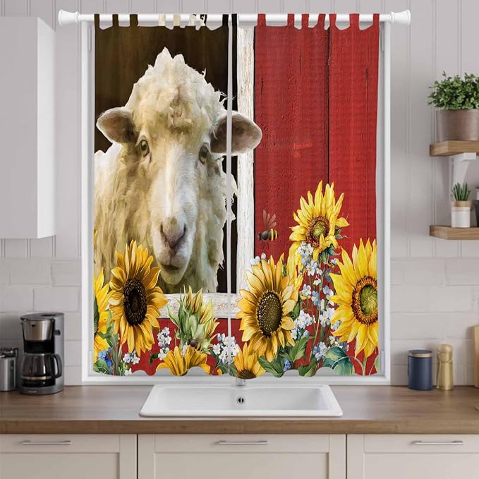 Sheep Flowers Living Room Curtains 84 Inch Length, Window Curtains Tab Top