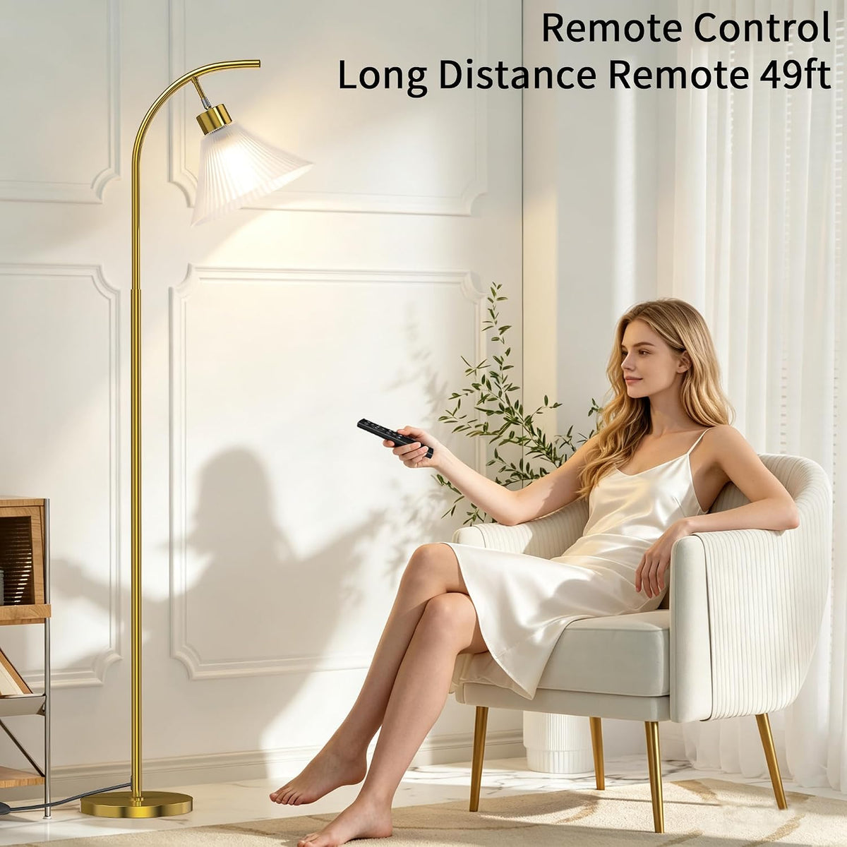 SIBRILLE Gold Floor Lamp with Remote, Dimmable Glass Arc Standing Lamp, Ribbed Frosted Glass Shade, 3 Color Temperatures, Foot Switch, 9W LED Bulb for Living Room Bedroom Office