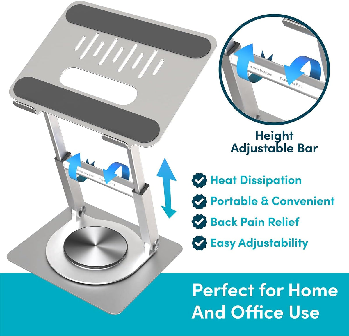 Lifelong 360 Rotating Adjustable Laptop Stand, 16" Tall Riser - Silver