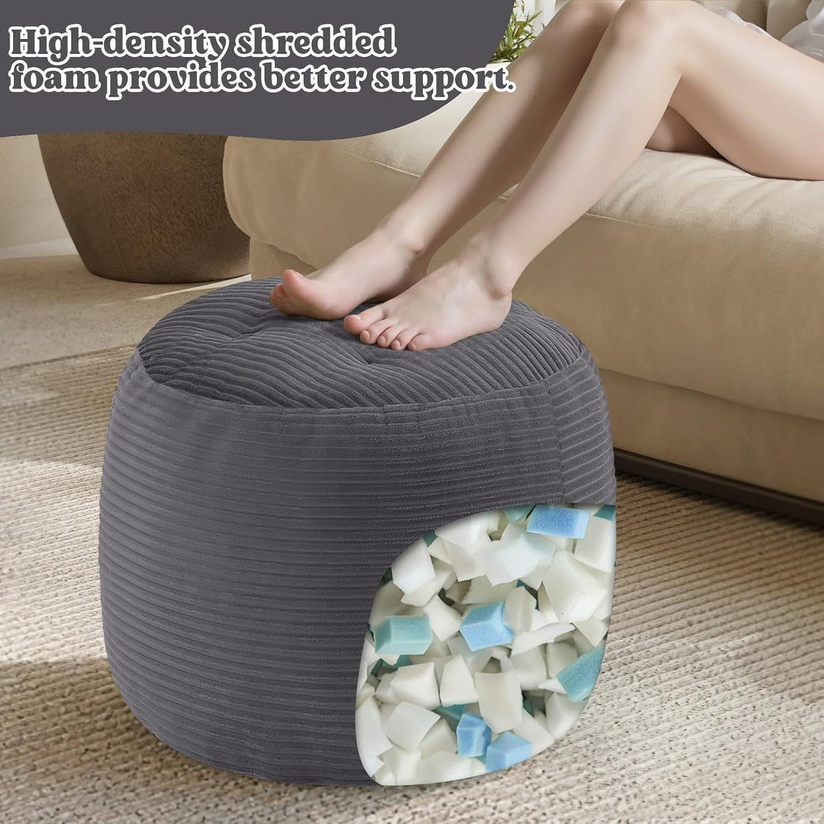 MeMoreCool Round Pouf Ottoman 20x15 Inch, Corduroy Footstool, Dark Grey