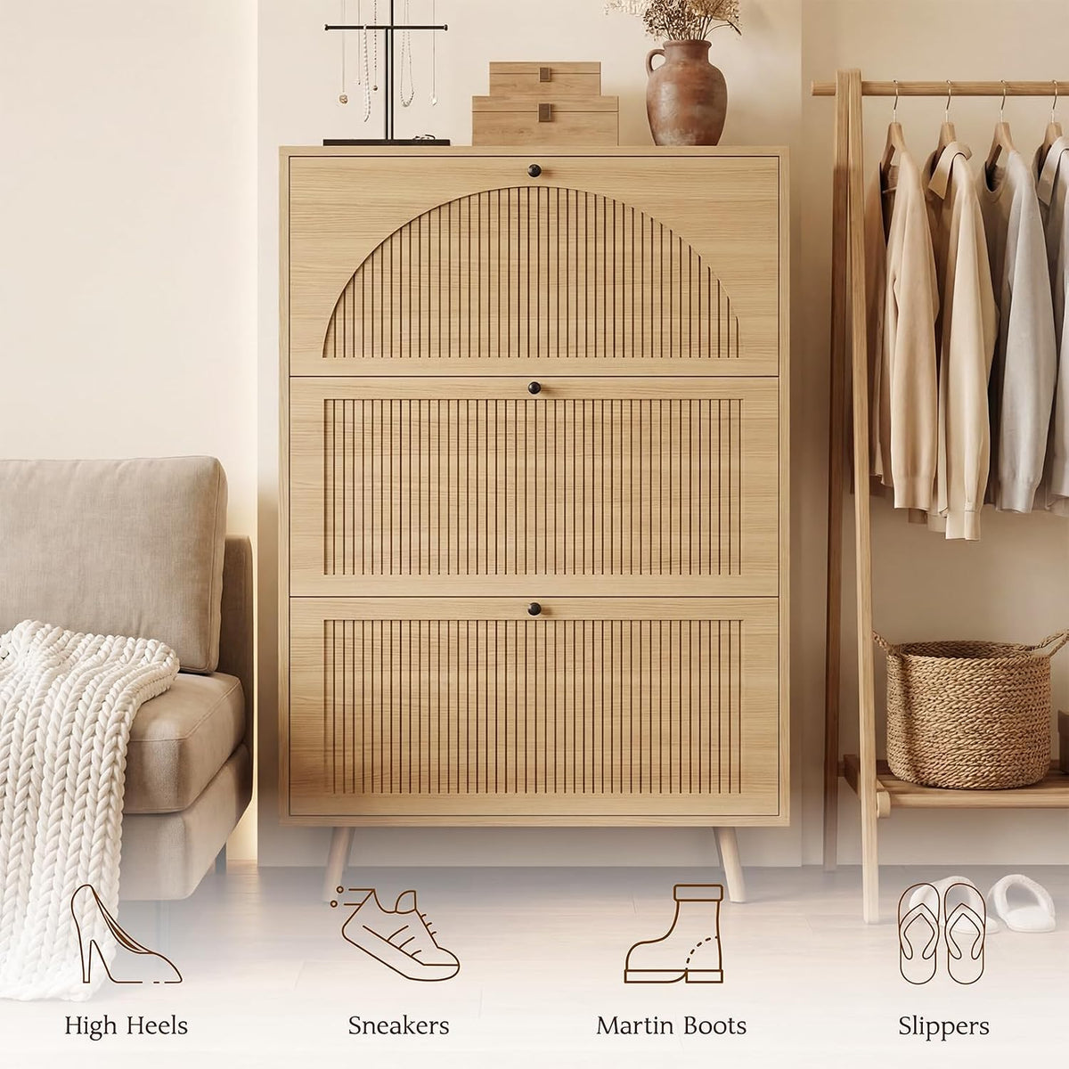 Shoe Organizer for Entryway, Fluted Shoe Cabinet with Flip Drawers, Oak
