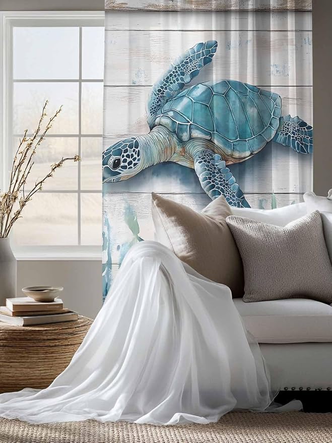 Sheer Curtains 72 Inches Long, Teal Green Sea Turtle Semi Sheer Curtains Light