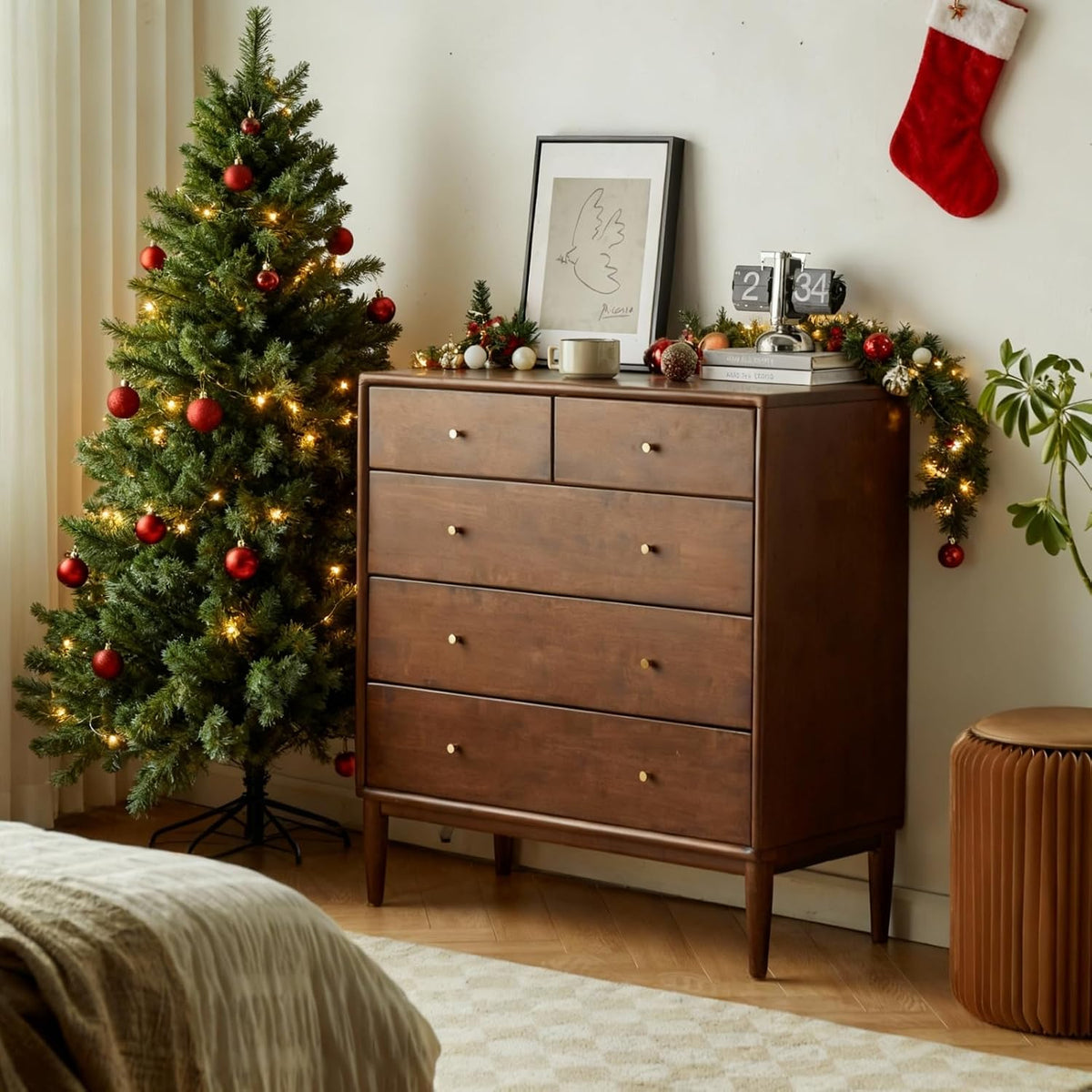 Solid Wood Nightstand, 5 Drawer Side Table for Bedroom, Wooden Storage Organizer, Modern Chest of Drawers for Living Room, Hallway, Closet, Walnut (33" W x 15.8" D x 35.4" H)