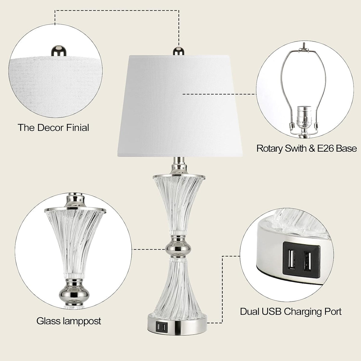 Hamucd Touch Control Table Lamp for Bedrooms 3 Way Dimmable White Drum Shade Modern Bedsides Nightstand lamp Set of 2 with 2 USB Charging Port(Bulbs Included)