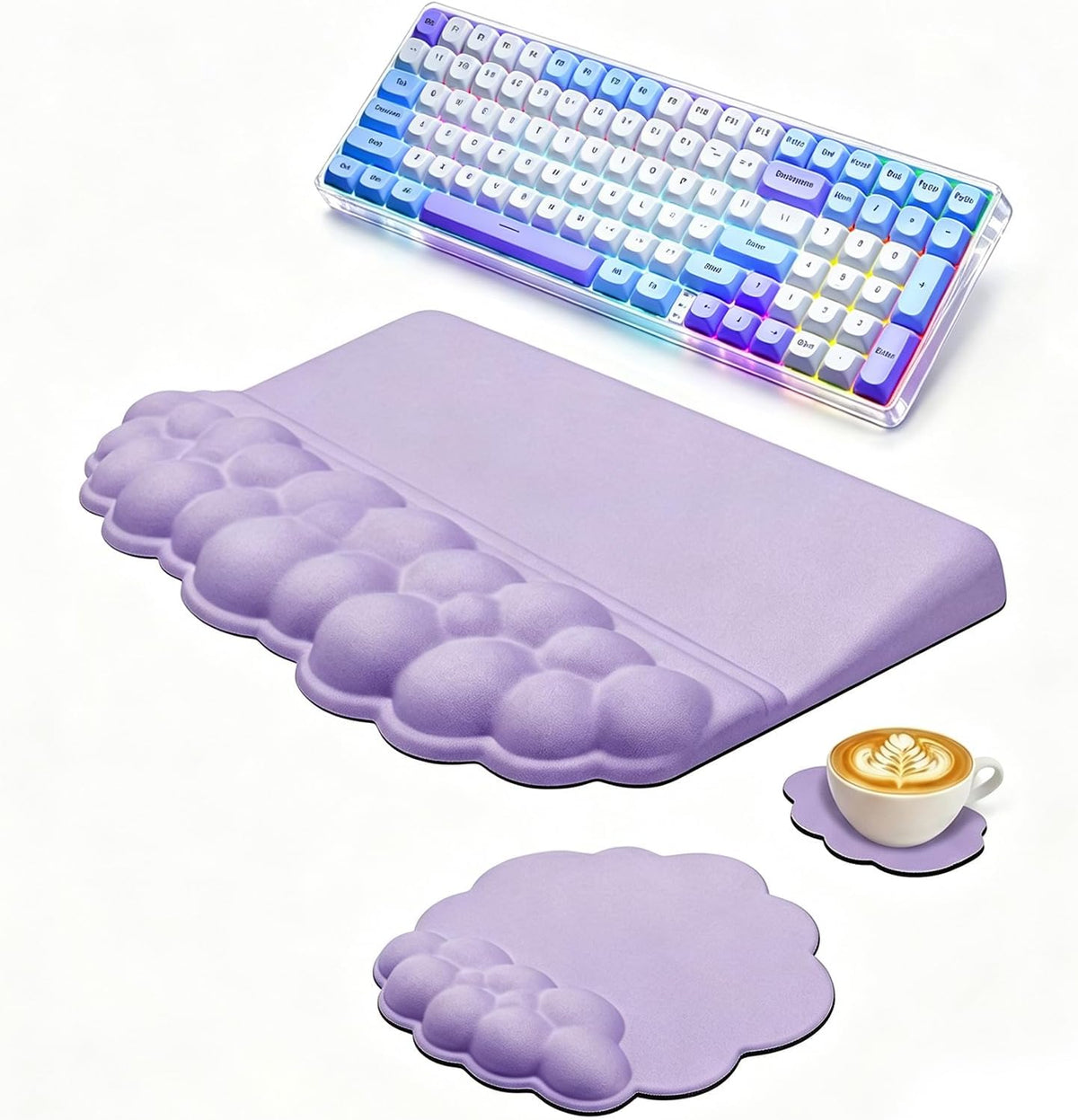 Cloud Keyboard Wrist Rest Set, 3 in 1 Ergonomic Memory Foam Keyboard Stand Pad with Mouse Wrist Support & Cup Holder, Anti-Slip Desk Cushion for Office Gaming Typing Pain Relief, Purple