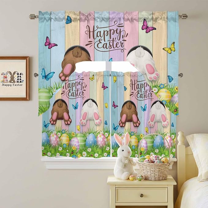 Swag Valance Curtains, Happy Easter Rabbit Butt Egg on Daisy Leaf Rod Pocket