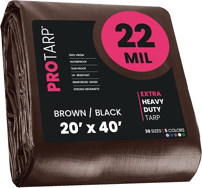 PROTARP Extreme Heavy Duty 22 Mil Tarp Cover, Waterproof, UV Resistant, Rip and Tear Proof, Poly Tarpaulin with Reinforced Edges for Roof, Camping, Patio, Pool, Boat. (Brown/Black 20′ X 40′)