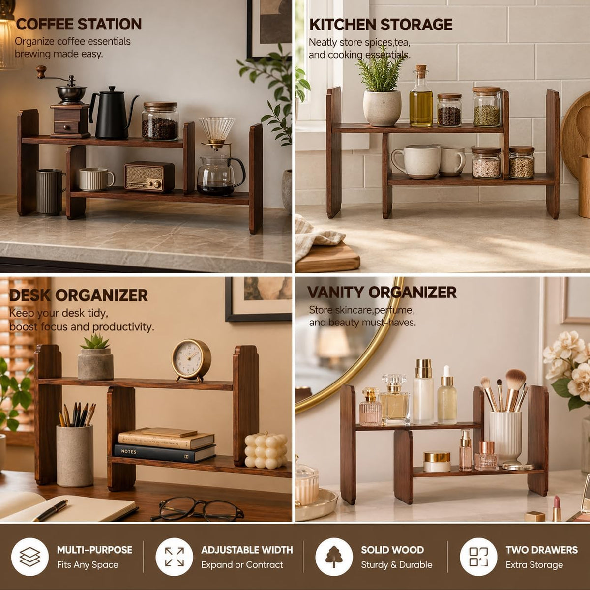 Walnut Display Organizer Expandable Desktop or Countertop Shelf with Drawer