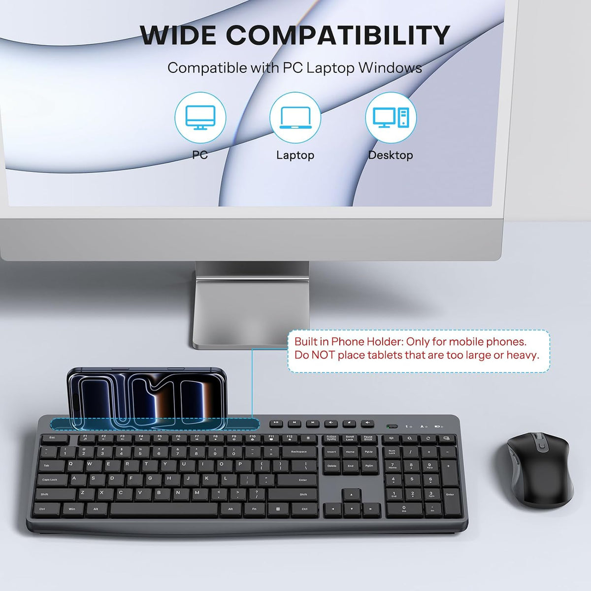 OMOTON Wireless Keyboard and Mouse Combo, 2.4G Quiet Set with Phone Holder