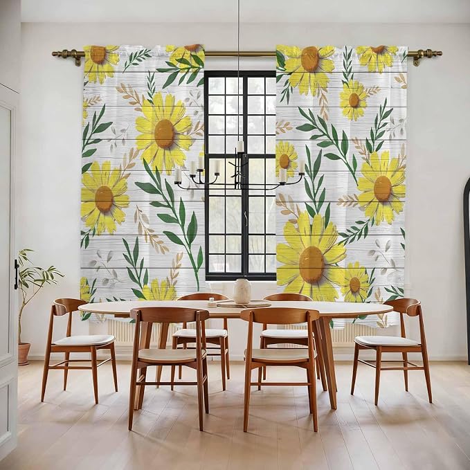 Yellow Daisy Kitchen Curtains, Farmhouse Country Flower Leaf Plant Wood Grain