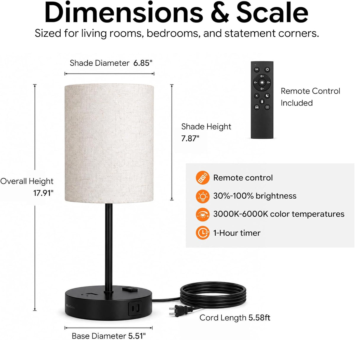 BySea Bedside Table Lamp with Clock, Remote, Touch On/Off, USB & AC Outlet