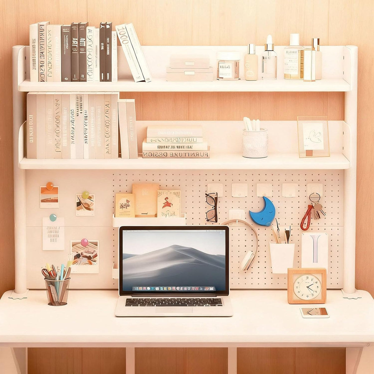 Clamp On Desk Shelf Organizer with Pegboard Desk Hutch Dorm with Storage Bookshelf Desk Top Organizer Shelf Multi-Purpose White & Black Desktop Shelves & Office Shelves(White, W - 39.4")
