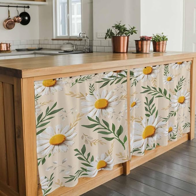 Spring Daisy Tier Curtains, Country Watercolor Flower Leaf Plant Light