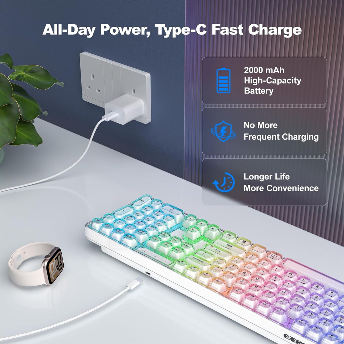 GEEZER Computer Backlit Keyboard White Crystal - Full-Size Bluetooth Wireless Rechargeable Transparent Keycap Portable Keyboards Compatible with Windows, Laptop, PC, Desktop