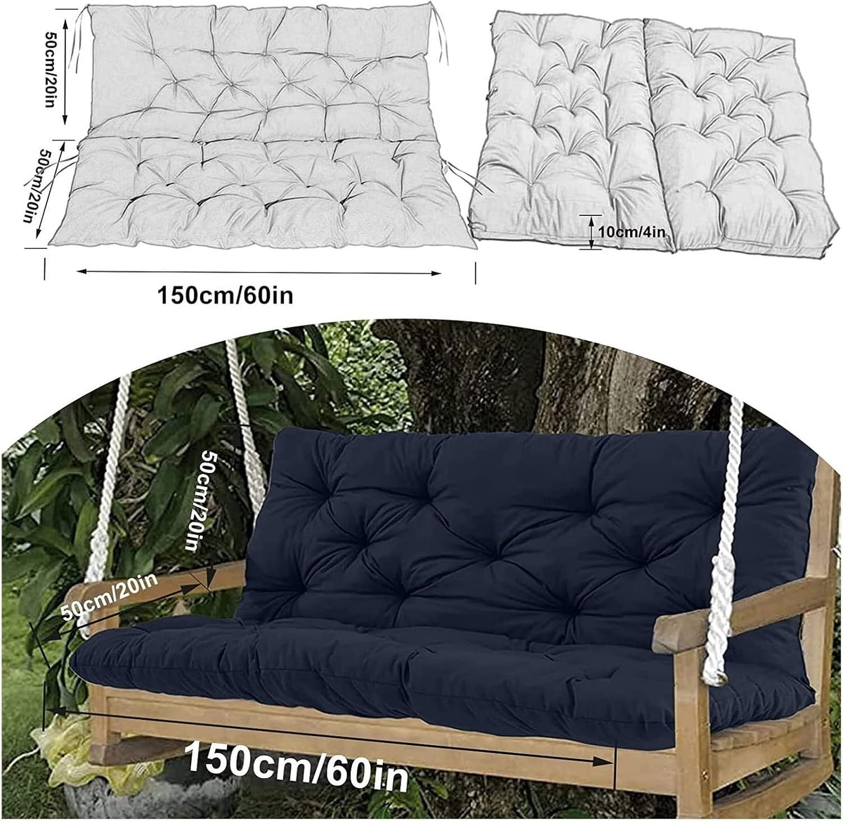 Swing Cushion Replacement Outdoor Porch Waterproof Bench Cushion 2-3 Seater Washable Bench Replacement Cushions for Outdoor Patio Porch Swing Cushions