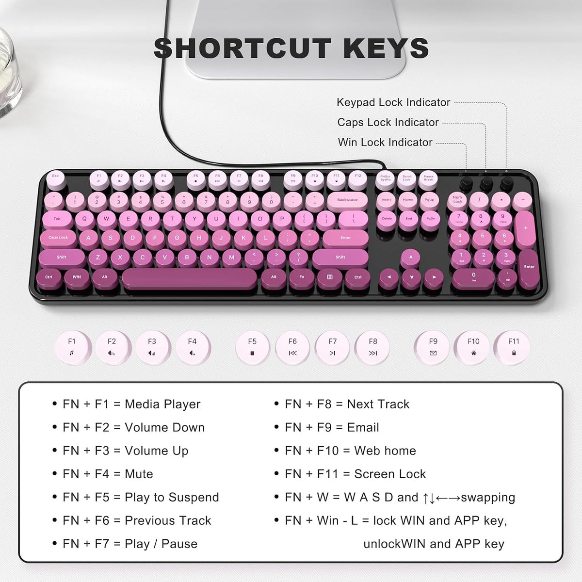 MOFII Computer Keyboards Wired, Plug Play USB Full Size Typewriter Keyboard, Cute Colorful Aesthetic Keyboard with Foldable Stands for Windows PC Laptop (Black Pink Gradient)