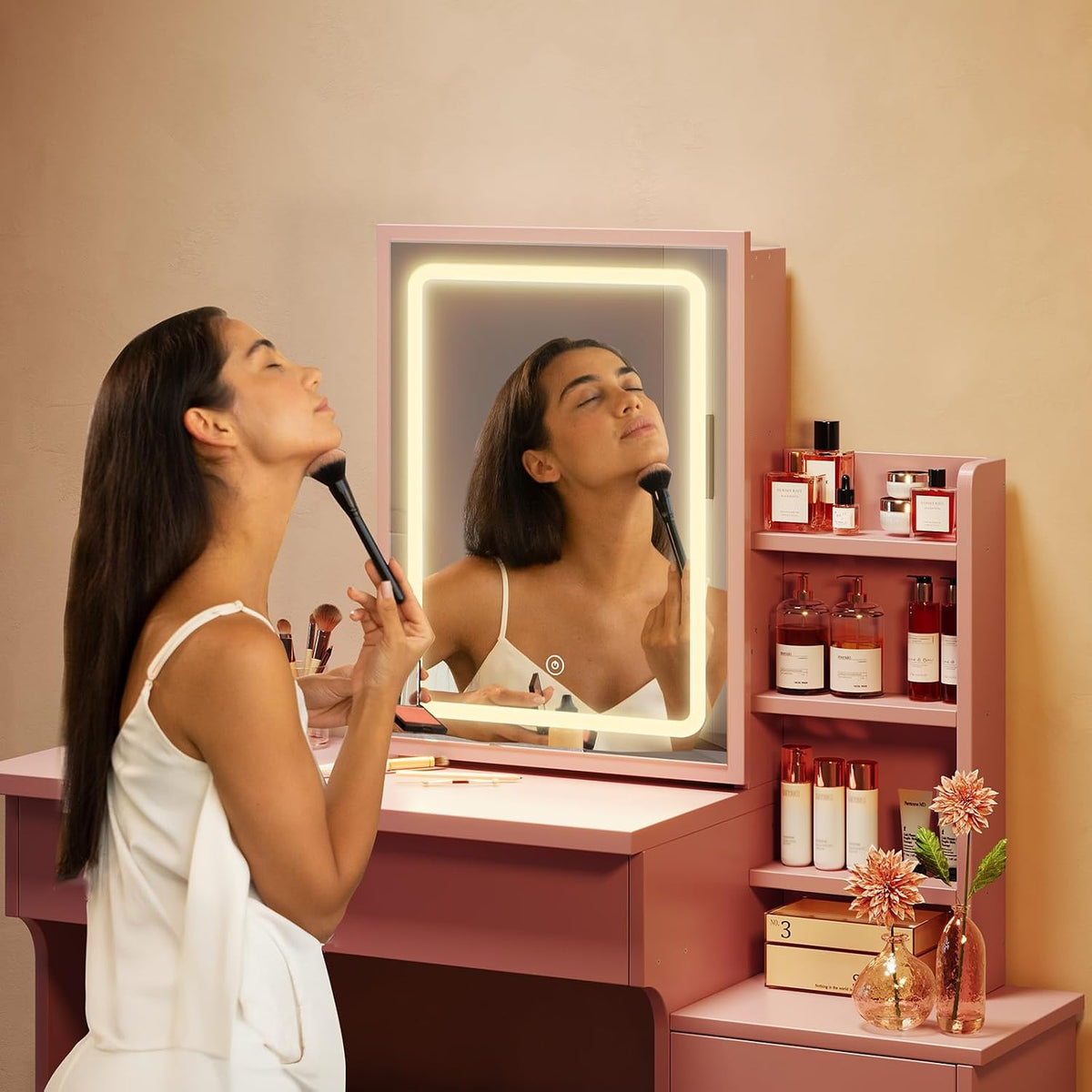 Memobarco Pink Makeup Vanity Desk with Sliding Mirror & 4 Drawers