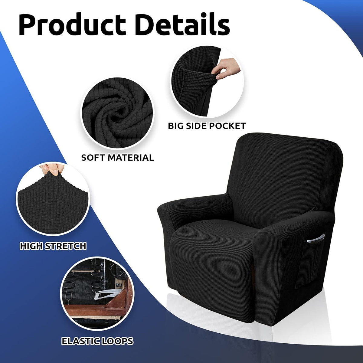 KEKUOU Recliner Chair Covers, 1-Piece Lazy Boy Recliner Covers, Black