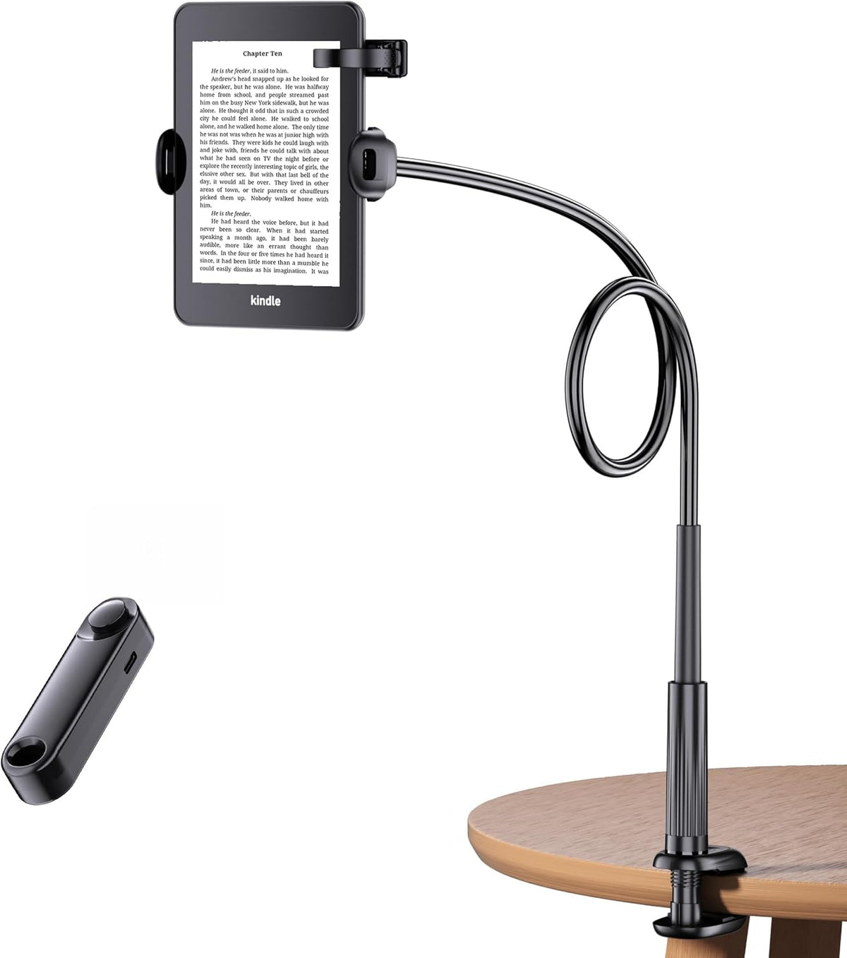 Gooseneck Kindle & Phone Holder with Page Turner Remote for Bed: Flexible Long Arm Clamp Mount for Hands-Free Reading, Bedside Desk Headboard Stand for 4.7–8.6" Devices