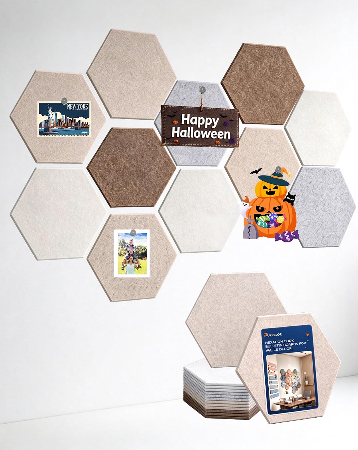 Hexagon Felt Bulletin Cork Board Tiles, 12 Pack Pin Board for Walls Decor