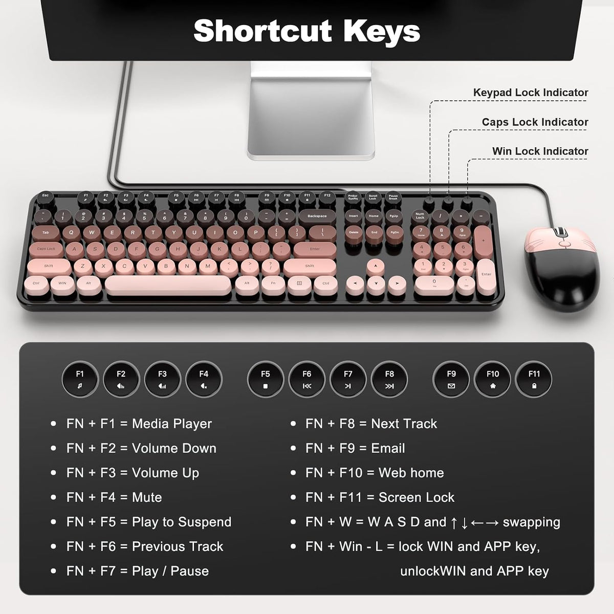 MOFII Wired USB Keyboard and Mouse Combo,Full Size Retro Keyboard Cute Mice