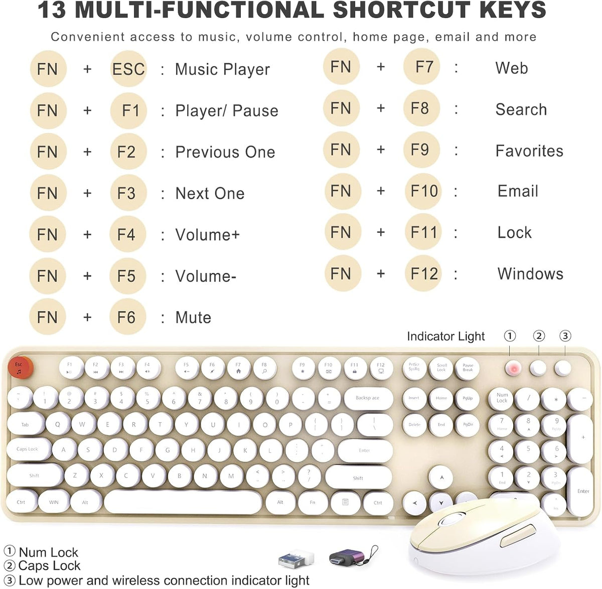 Wireless Keyboard and Mouse Combo, Ergonomic Full Size Typewriter Retro Round Keycaps Keyboard, Compatible with Windows, PC, Perfer for Home and Office Keyboards (Beige