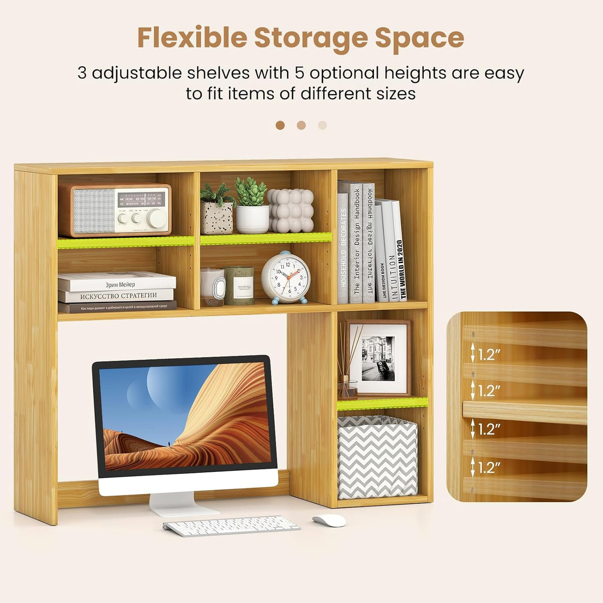 GOFLAME 7 Cubes Desktop Bookshelf, 37” Desk Organizer Shelf with 3 Adjustable Shelves, 3-Tier Wood Countertop Display Rack, Multipurpose Tabletop Desk Hutch for Dorm, Home Office, Burlywood