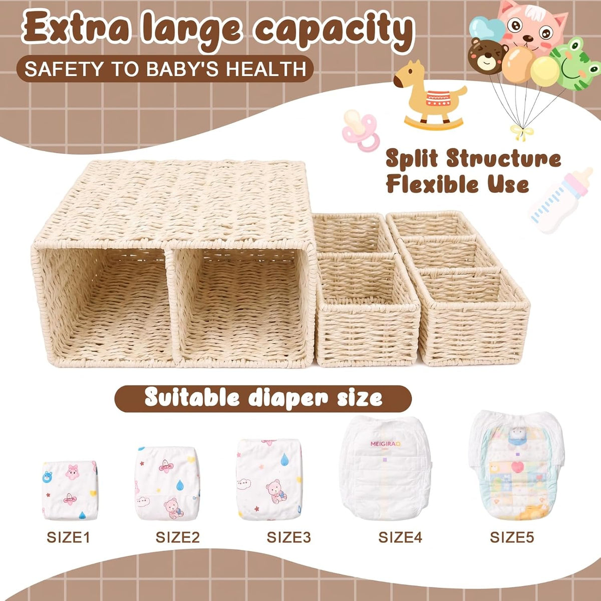 Large Wicker Diaper Caddy Changing Table Organizer, White, Paper