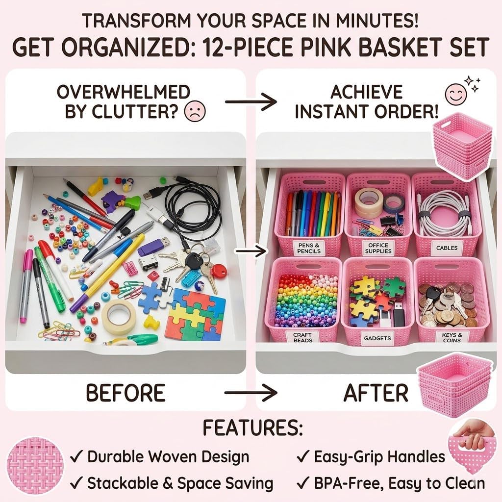Plastic Storage Baskets/Bins, 12-Pack Stackable Pink Basket Organizer for Bathrooms, Kitchens, Countertops and Bedrooms