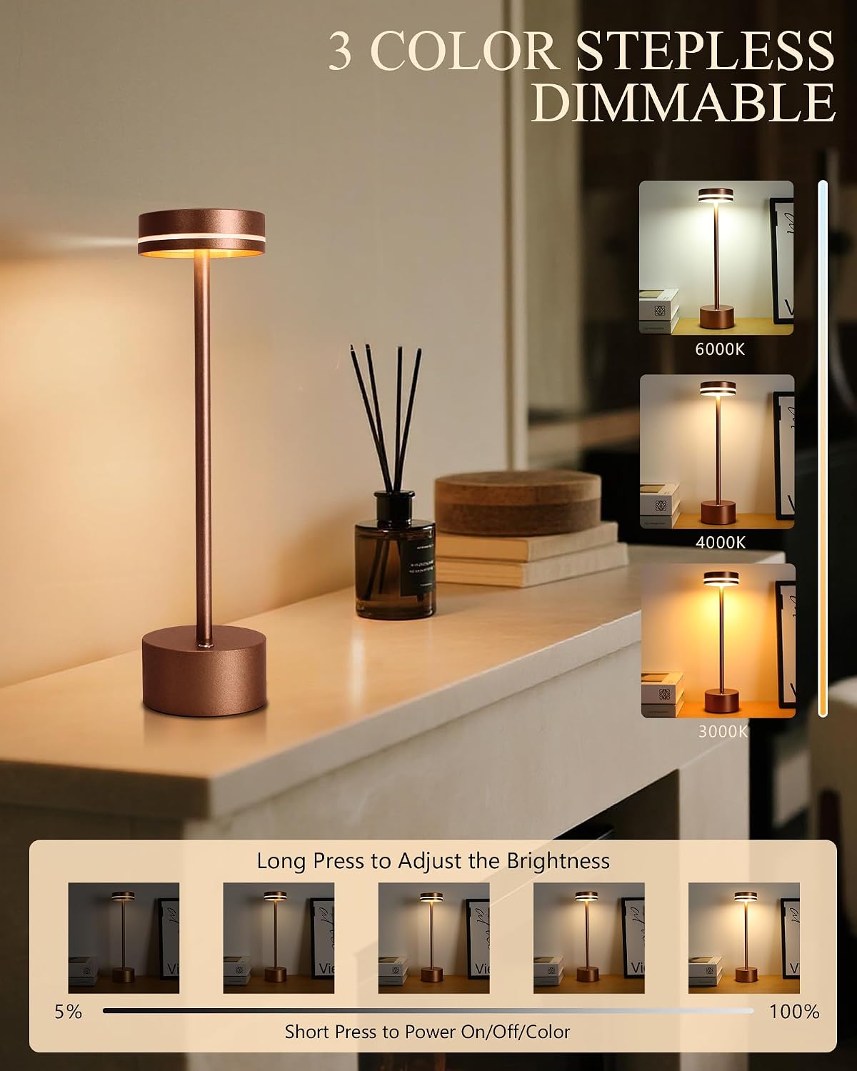 2 Pack LED Cordless Table Lamp Rechargeable, 5000mAh Portable Battery Operated LED Desk Lamp, 3 Color Dimmable Table Light for Home Office/Dining/Nightstand for Home Décor – Reddish Brown