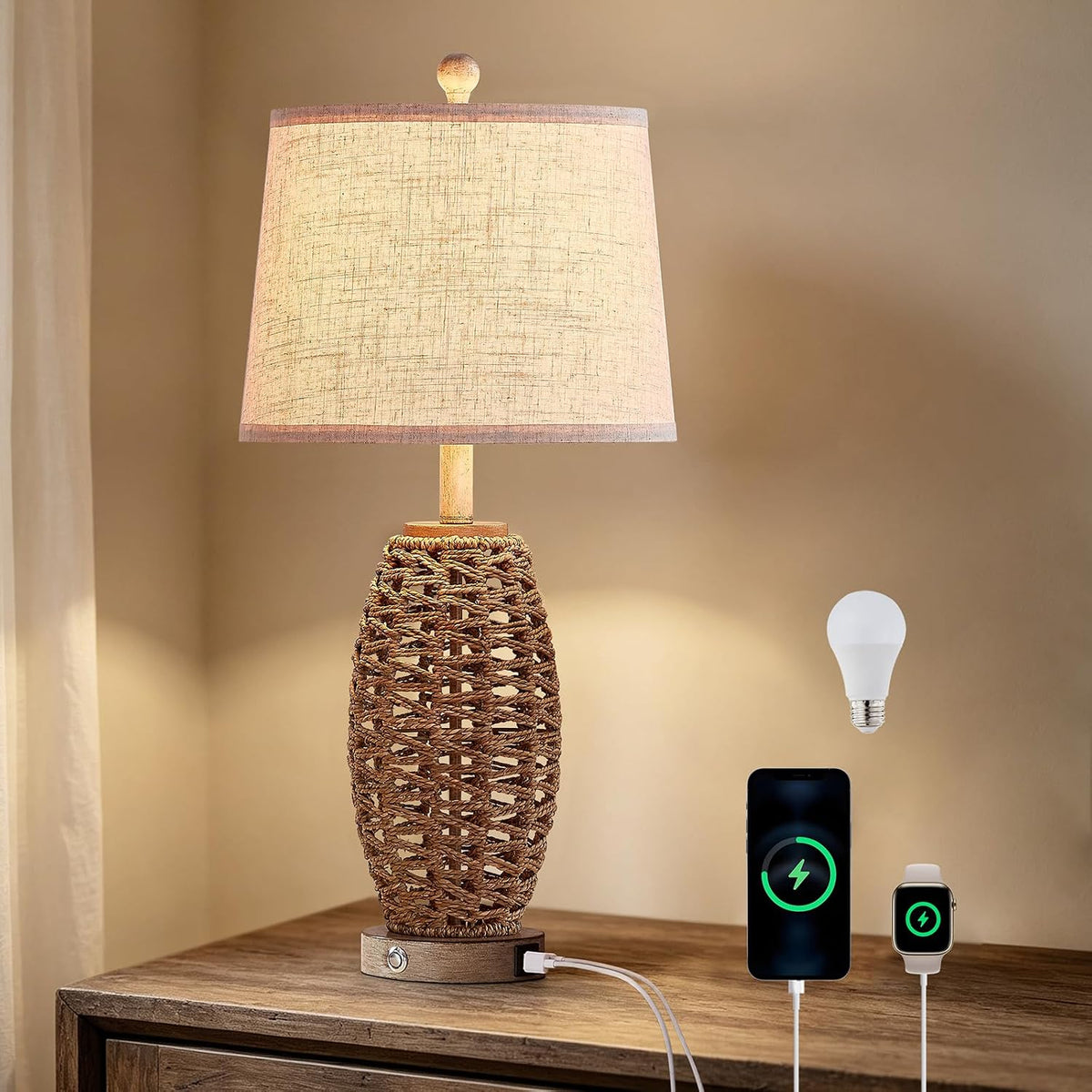 Rattan Table Lamp for Living Room, Dimmable Touch Lamp for Bedside Table in Bedroom or Office, Rustic Vintage Table Lamp with USB Ports, Farmhouse Coastal lamp (Including LED Bulbs)