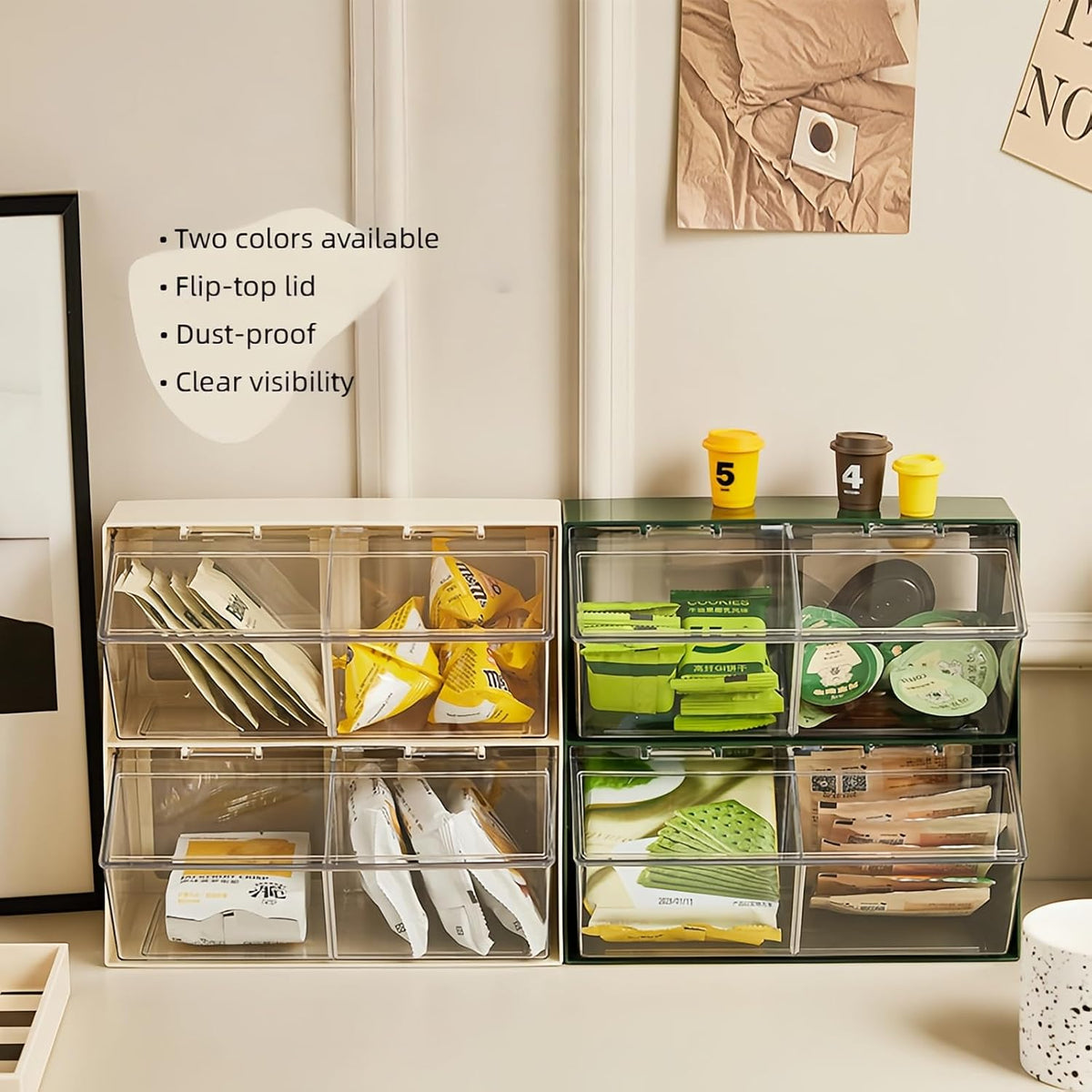 Bokelai Creamer Holder Plastic Tea Bag Organizer with Lid Large Capacity K Cup Countertop Organizer Versatile Desk Storage Station for Capsule Suger Pods Face Mask Cream/Clear