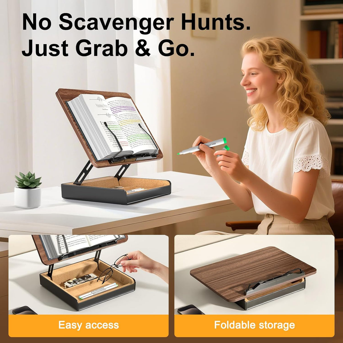 Book Stand with Storage, Book Holder for Reading Hands Free