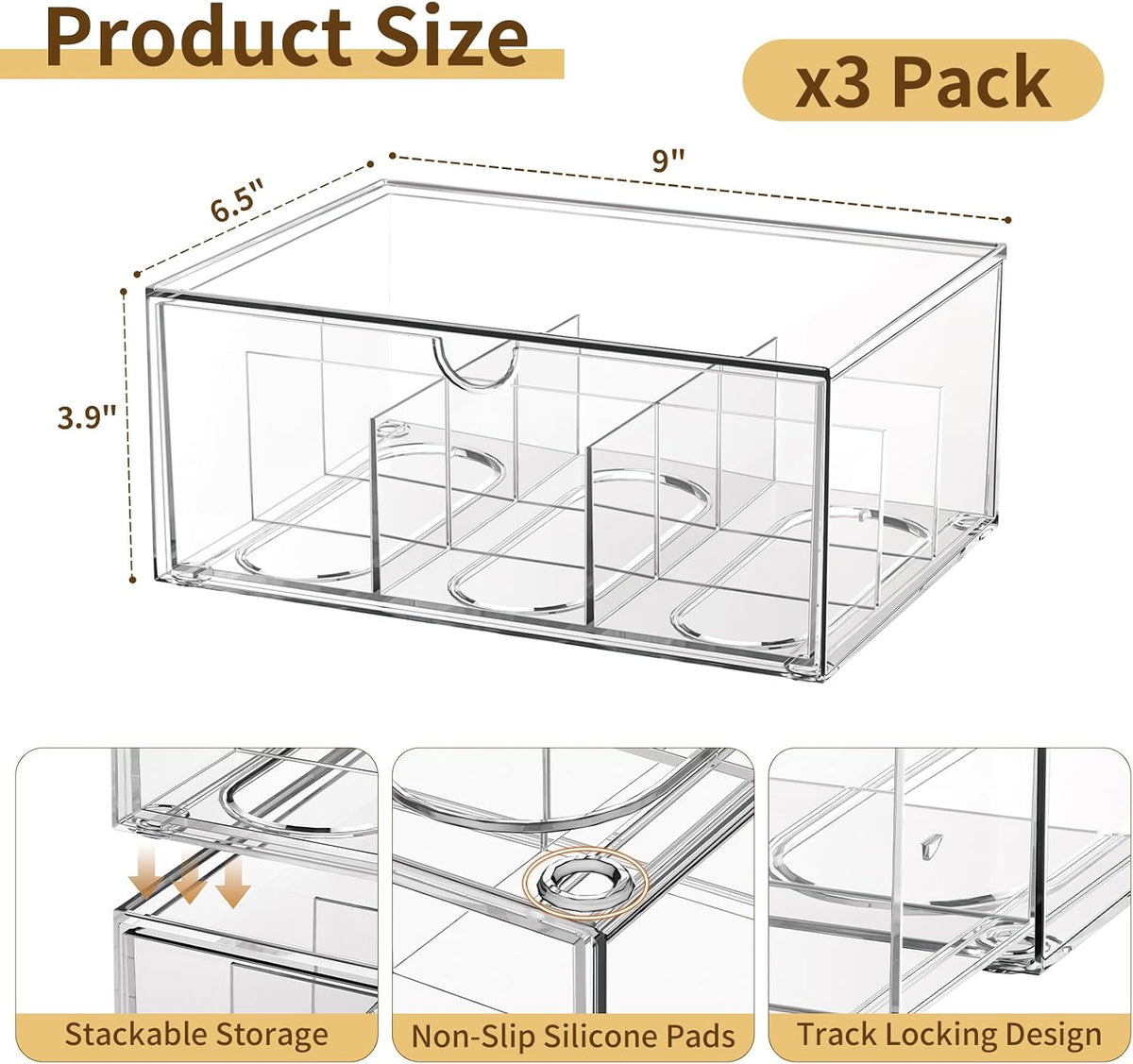 3 Pack Clear Tea Bag Organizer Drawer, Stackable Tea Storage Chest with Dividers for Kitchen, Pantry, Bathroom, Vanity, Countertop – Multi-Purpose Coffee, Cosmetic, Jewelry, Craft Acrylic Storage Bins