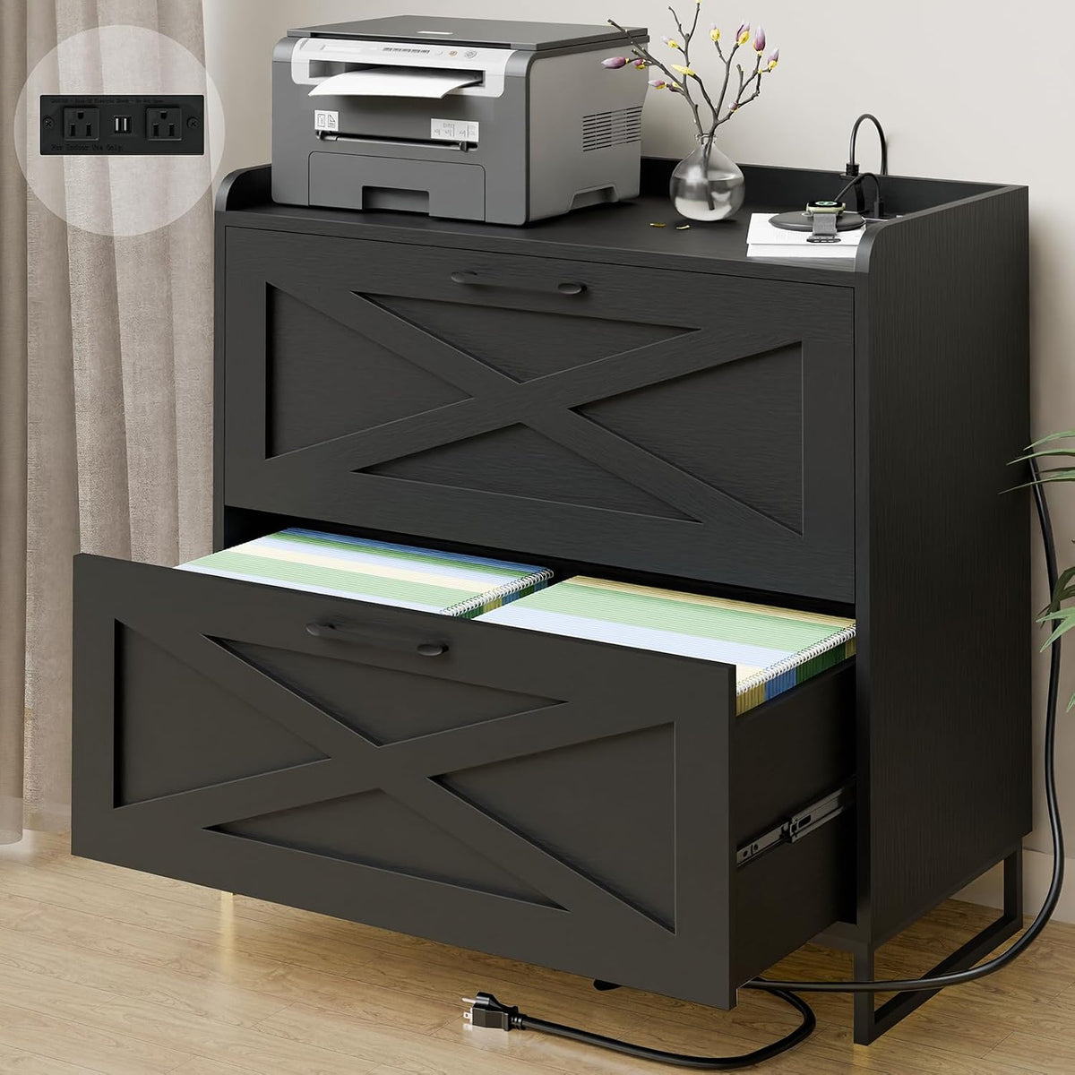 Vabches 2 Drawer Lateral File Cabinet with Charging Station, Black