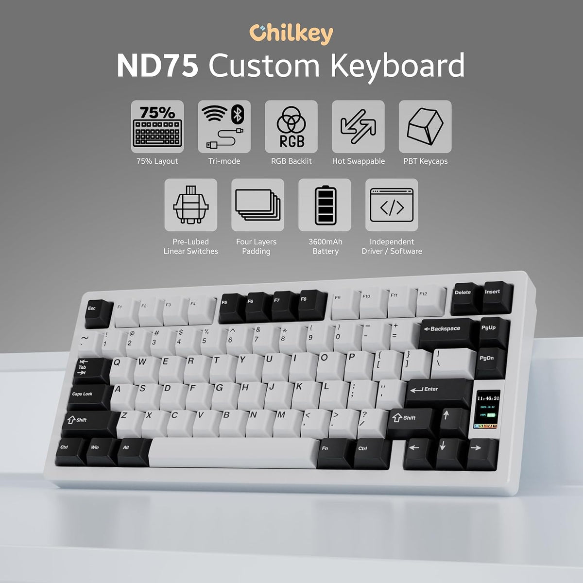 OOCTPK Chilkey ND75 Aluminum Keyboard 75% Percent Wireless Gaming Mechanical Keyboard with LCD Screen, Quick Assembly, BT/2.4G/USB-C, Hot Swappable Per-Key RGB Custom Keyboard for Laptop Office PC