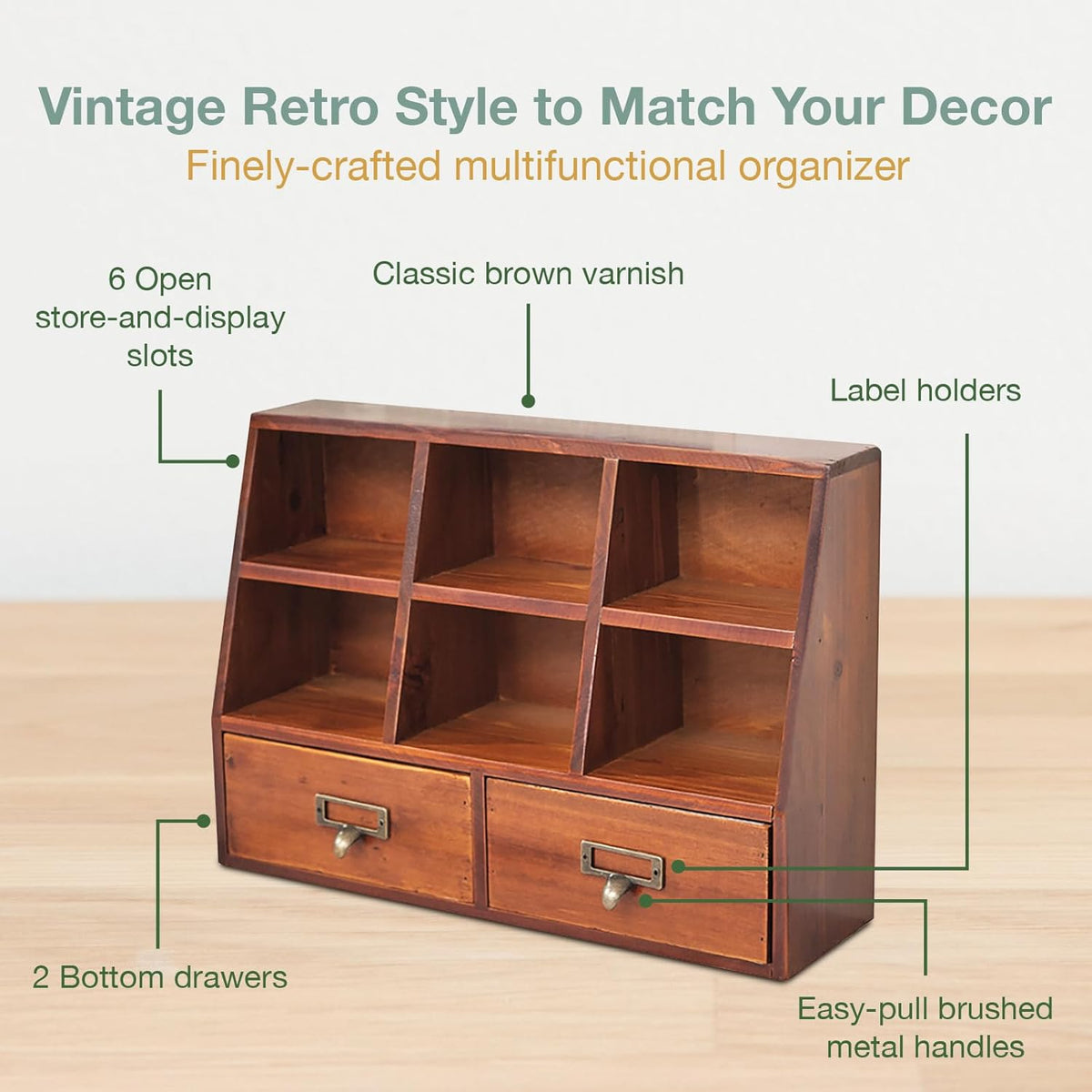 Desktop Mini Pigeon Hole Drawer Organizer - Vintage Farmhouse Wooden Shelves with 6 Compartments & 2 Drawers - Mahogany Wood Drawer Box Display Stand - Office Study Table Organizing Cabinet