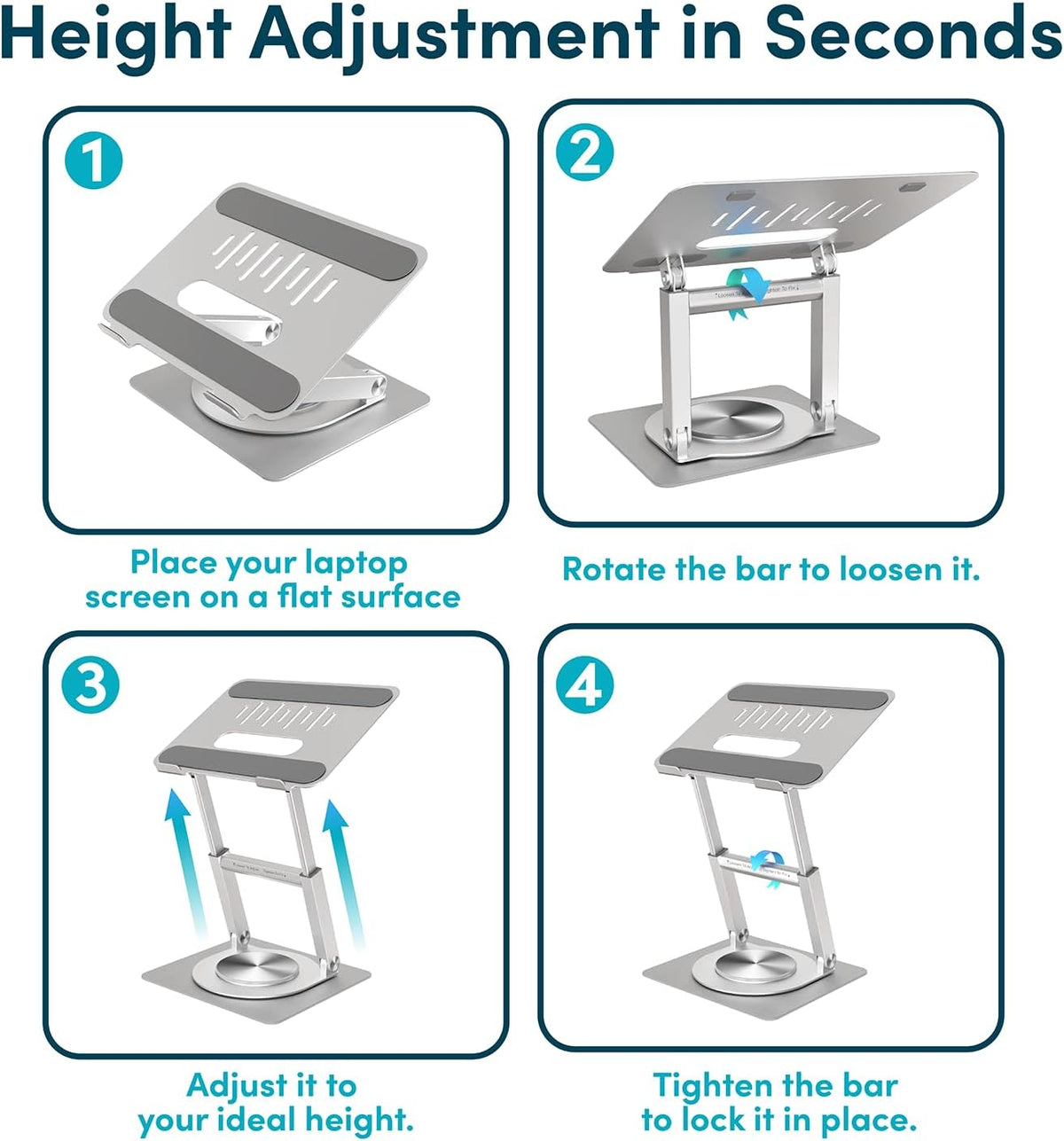 Lifelong 360 Rotating Adjustable Laptop Stand, 16" Tall Riser - Silver