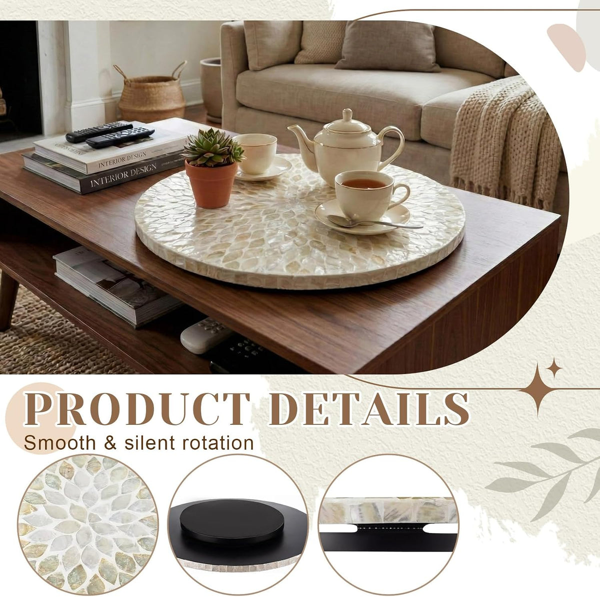 16 Inch Mother of Pearl Lazy Susan for Table Top, White Boho