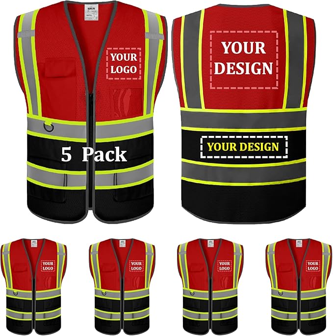 5 Pack Custom Safety Vest Customized Logo Mesh Vest Class 2 High Visibility Reflective Vest with Pockets Workwear（Red Black，XL ）