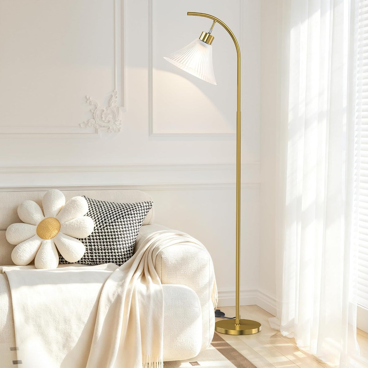 SIBRILLE Gold Floor Lamp with Remote, Dimmable Glass Arc Standing Lamp, Ribbed Frosted Glass Shade, 3 Color Temperatures, Foot Switch, 9W LED Bulb for Living Room Bedroom Office